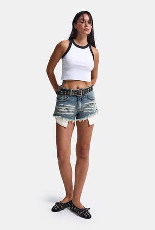 Kadın Kot Rengi Droplu Kemerli Özel Tasarım Denim Şort