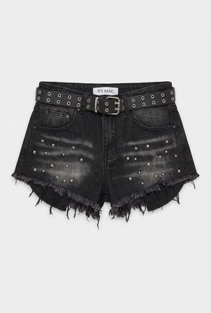 Kadın Siyah Kot Rengi Droplu Kemerli Özel Tasarım Denim Şort