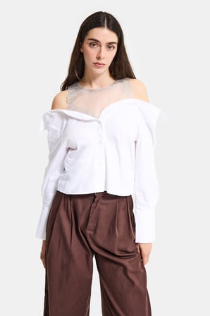 Kadın Beyaz Oversize Tül Dantelli Özel Tasarım Gömlek