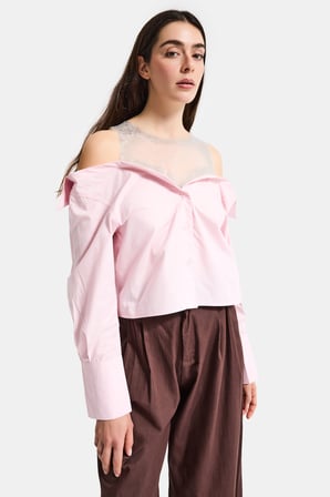 Kadın Pembe Oversize Tül Dantelli Özel Tasarım Gömlek
