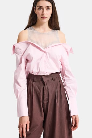 Kadın Pembe Oversize Tül Dantelli Özel Tasarım Gömlek