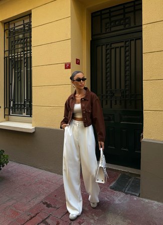 Çift Cep Denim Crop Ceket - KAHVERENGİ - S