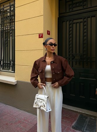 Çift Cep Denim Crop Ceket - KAHVERENGİ - S