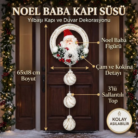 BakGelAl Noel Baba Figürlü Yılbaşı Kapı Süsü 65 cm – Beyaz Gold 3 Top Sallantılı Çam ve Kokina Dekoru