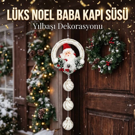 BakGelAl Noel Baba Figürlü Yılbaşı Kapı Süsü 65 cm – Beyaz Gold 3 Top Sallantılı Çam ve Kokina Dekoru