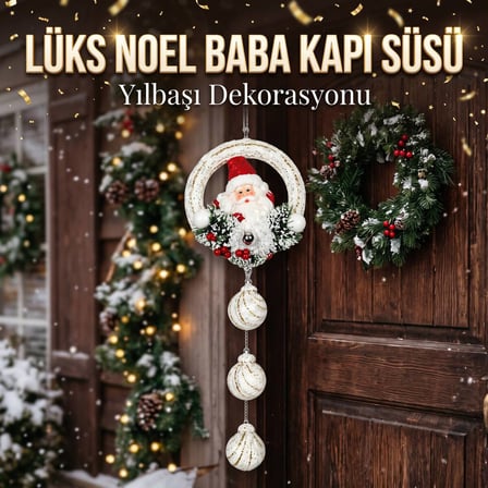 BakGelAl Noel Baba Figürlü Yılbaşı Kapı Süsü 65 cm – Beyaz Gold 3 Top Sallantılı Çam ve Kokina Dekoru