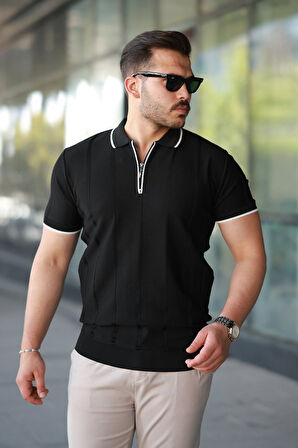 Erkek Dikey Kabartmalı Örgü Dokulu Fermuar Yakalı Tişört