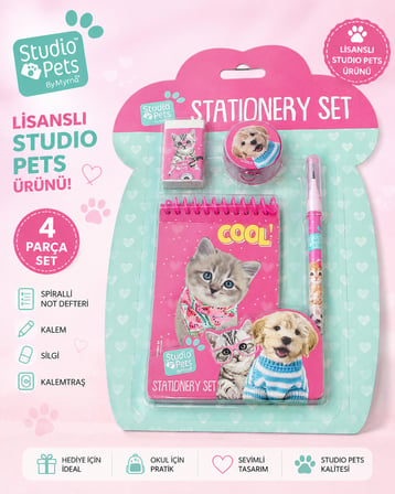 BakGelAl Lisanslı Studio Pets 4 Parça Kırtasiye Seti Defter Kalem Silgi Kalemtıraş Kedi Köpek Desenli
