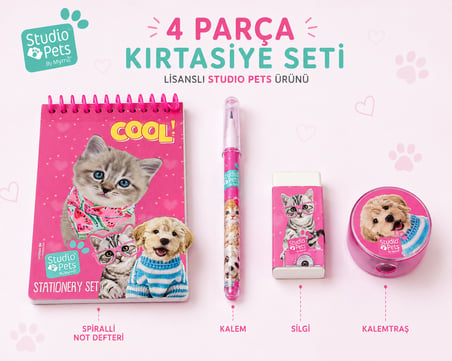 BakGelAl Lisanslı Studio Pets 4 Parça Kırtasiye Seti Defter Kalem Silgi Kalemtıraş Kedi Köpek Desenli