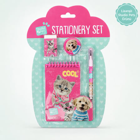 BakGelAl Lisanslı Studio Pets 4 Parça Kırtasiye Seti Defter Kalem Silgi Kalemtıraş Kedi Köpek Desenli