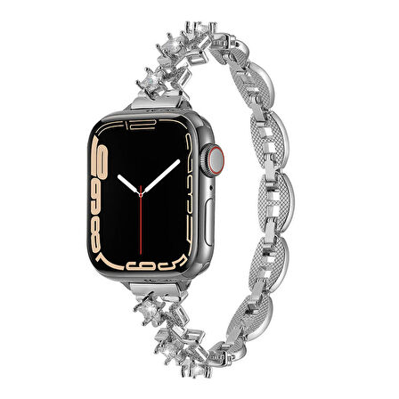 Apple Watch 1/2/3 42mm Uyumlu Kordon Yıldız Figürlü Parlak Taşlı Metal Kordon