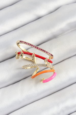 Pirinç Zirkon Taşlı Kırmızı Turuncu Pembe Sıkıştırma Sağ Kıkırdak Gold Renk Kadın Küpe