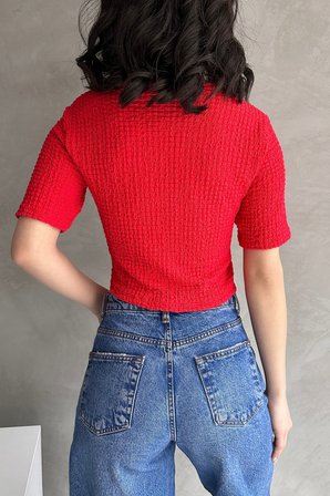 V Yaka Önü Bağlamalı Gofre Crop Bluz - KIRMIZI - M
