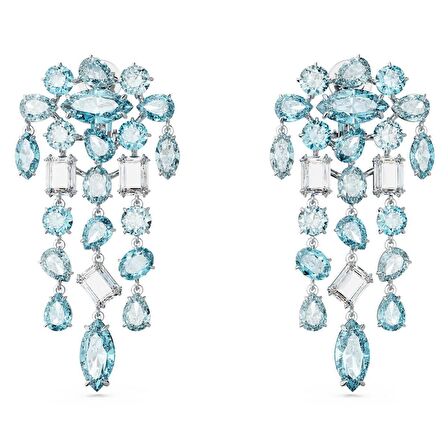 5666015 Swarovski Küpe Gema clip earrings, Mixed cuts, Chandelier, Extra long, Blue, Rhodium plated