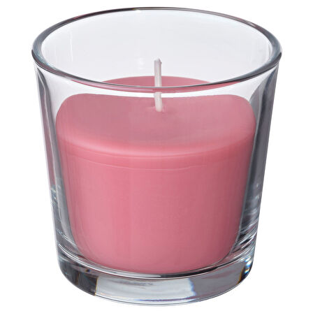 Bardakta kokulu mum, parlak pembe, 25 saat, çilek