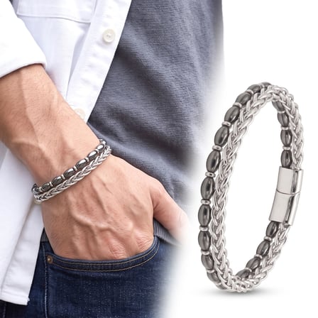 💎 Premium Parlak ve Şık Hematit Taşlı Çift Sıra Erkek 316L Çelik Zincir Bileklik 31832B21D22 - 20 cm