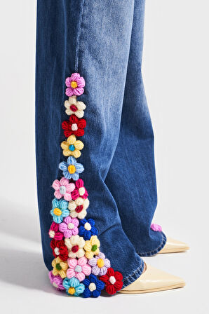 Kadın Mavi Renk 2w5-5 Palazzo Fit Renkli Çiçek Örgü İşlemeli Özel Tasarım Denim Jean