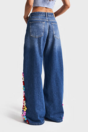 Kadın Mavi Renk 2w5-5 Palazzo Fit Renkli Çiçek Örgü İşlemeli Özel Tasarım Denim Jean