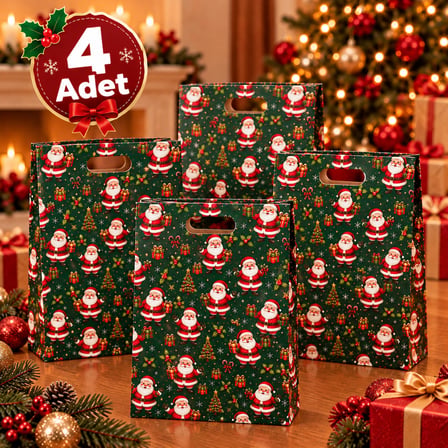 Yılbaşı Hediye Paketi Yeşil - Noel Baba Desenli Lüks Karton Hediye Çantası (4 Adet)