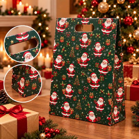 Yılbaşı Hediye Paketi Yeşil - Noel Baba Desenli Lüks Karton Hediye Çantası (4 Adet)