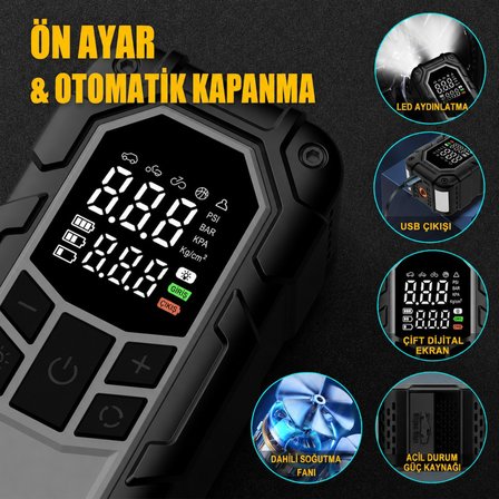 4in1 Akü Takviye Ateşleyici Lastik Şişirme Kompresörü Powerbank LED Işık 150 PSI 8000mAh