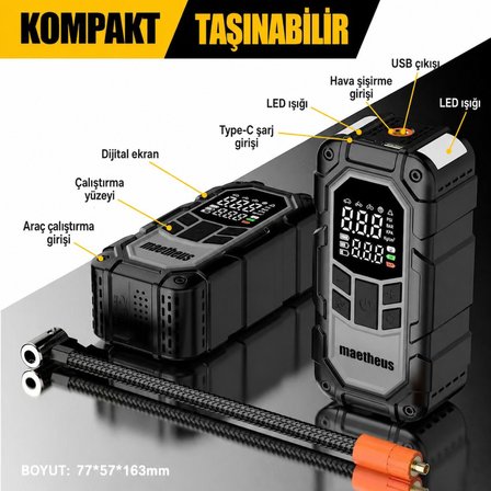4in1 Akü Takviye Ateşleyici Lastik Şişirme Kompresörü Powerbank LED Işık 150 PSI 8000mAh