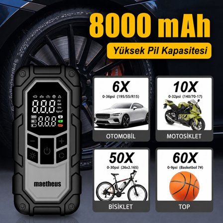 4in1 Akü Takviye Ateşleyici Lastik Şişirme Kompresörü Powerbank LED Işık 150 PSI 8000mAh