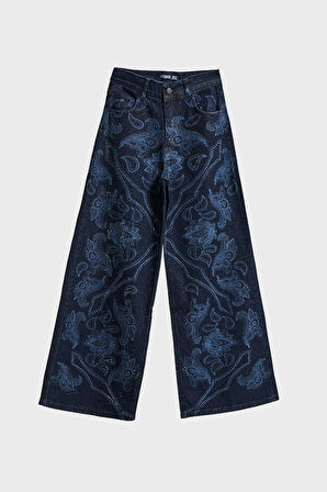 Kadın Koyu Mavi Renk 9w5-5 Palazzo Fit Parlak Taş Desenli Özel Tasarım Denim Jean
