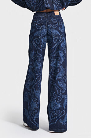 Kadın Koyu Mavi Renk 9w5-5 Palazzo Fit Parlak Taş Desenli Özel Tasarım Denim Jean