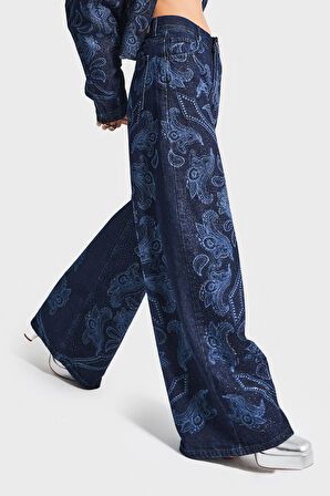 Kadın Koyu Mavi Renk 9w5-5 Palazzo Fit Parlak Taş Desenli Özel Tasarım Denim Jean