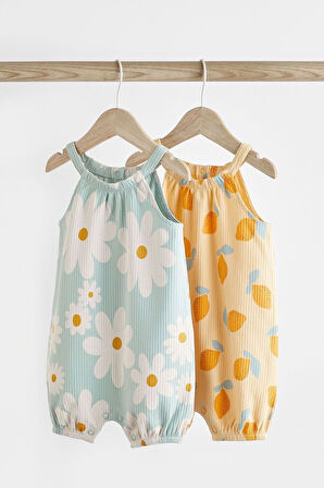 Next Baby % 100 Pamuklu Mavi Sarı Limon Desenli 2’li Romper Set