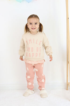 Kız Çocuk Smile And Happy Baskılı Kalın Eşofman Takımı