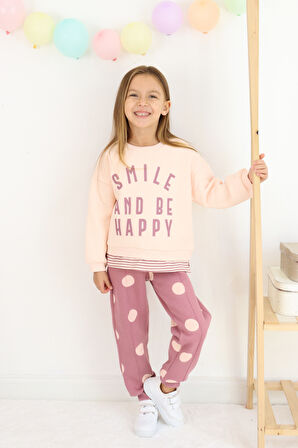 Kız Çocuk Smile And Happy Baskılı Kalın Eşofman Takımı