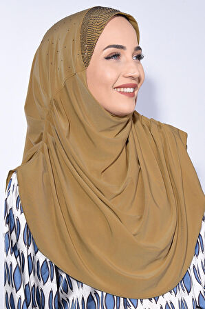 Taşlı Pileli Hijab Taba  - Taba