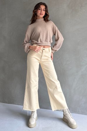 Balıkçı Yaka Dokulu Crop Bluz - VİZON - XL