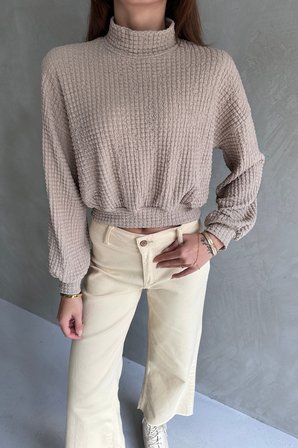 Balıkçı Yaka Dokulu Crop Bluz - VİZON - XL