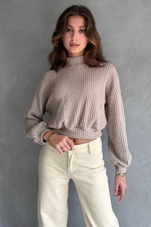 Balıkçı Yaka Dokulu Crop Bluz - VİZON - XL