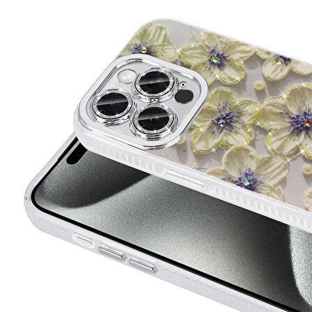 Apple iPhone 15 Pro Max ile Uyumlu Çiçek Desenli Parlak Taşlı Sert Silikon Kapak
