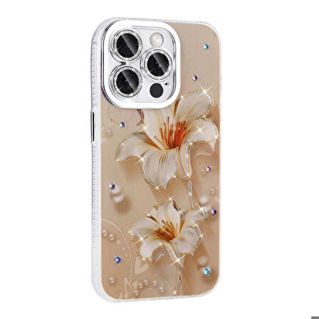 Apple iPhone 15 Pro Max ile Uyumlu Çiçek Desenli Parlak Taşlı Sert Silikon Kapak
