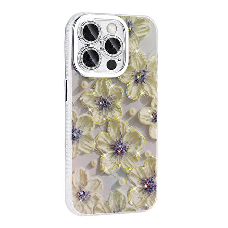 Apple iPhone 15 Pro ile Uyumlu Çiçek Desenli Parlak Taşlı Sert Silikon Kapak