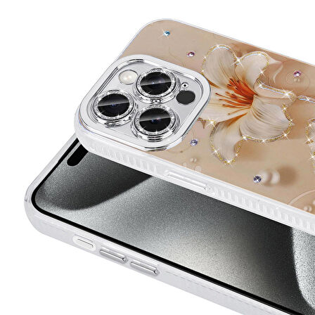 Apple iPhone 15 Pro ile Uyumlu Çiçek Desenli Parlak Taşlı Sert Silikon Kapak