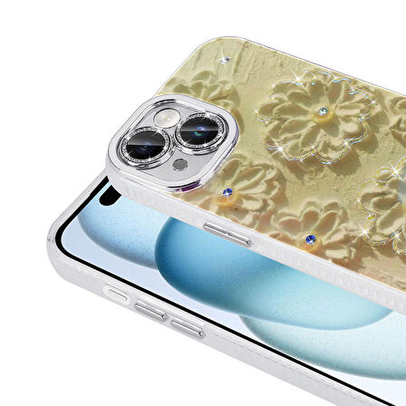 Apple iPhone 15 ile Uyumlu Çiçek Desenli Parlak Taşlı Sert Silikon Kapak
