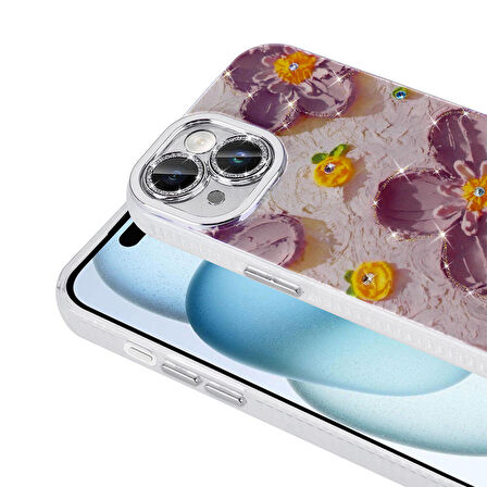Apple iPhone 15 ile Uyumlu Çiçek Desenli Parlak Taşlı Sert Silikon Kapak