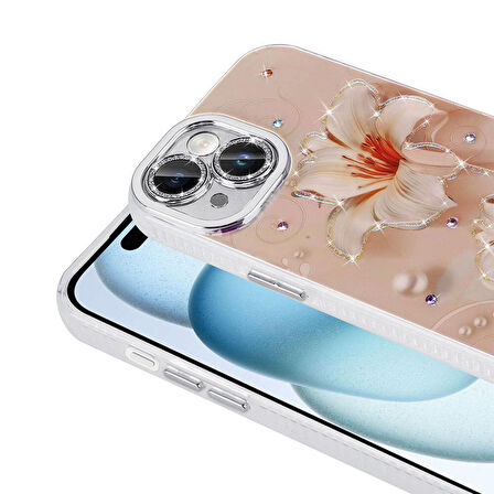 Apple iPhone 14 ile Uyumlu Çiçek Desenli Parlak Taşlı Sert Silikon Kapak