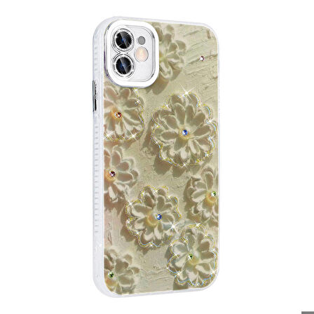 Apple iPhone 11 ile Uyumlu Çiçek Desenli Parlak Taşlı Sert Silikon Kapak