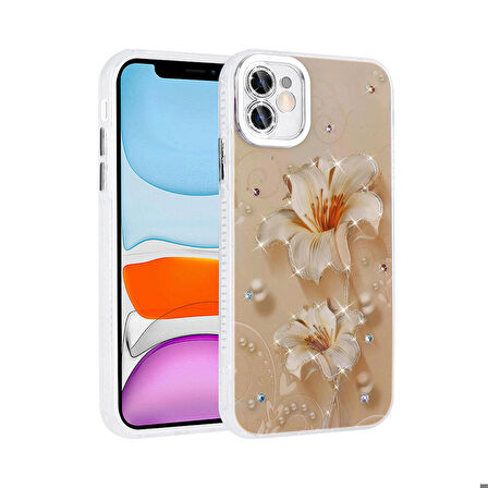 Apple iPhone 11 ile Uyumlu Çiçek Desenli Parlak Taşlı Sert Silikon Kapak