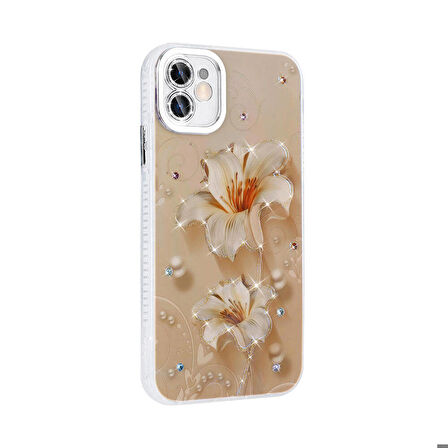 Apple iPhone 11 ile Uyumlu Çiçek Desenli Parlak Taşlı Sert Silikon Kapak