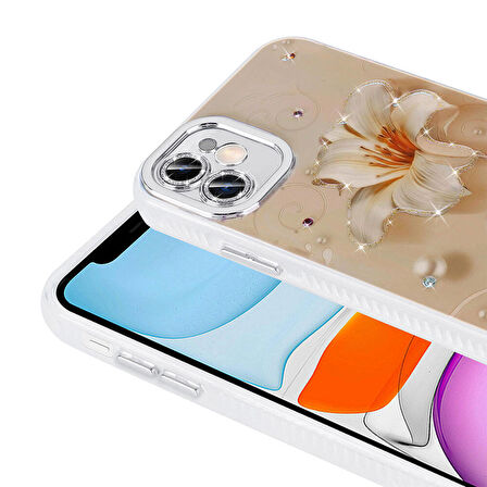 Apple iPhone 11 ile Uyumlu Çiçek Desenli Parlak Taşlı Sert Silikon Kapak