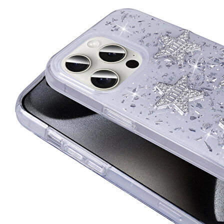 Apple iPhone 15 Pro Max ile Uyumlu Airbagli Simli Arka Yüzeyli Kapak