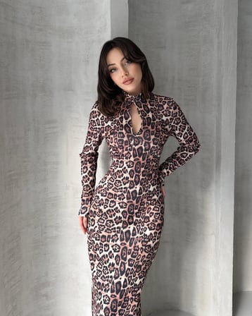 Öpücük Yaka Maxi Boy Desenli Elbise - LEOPAR - M